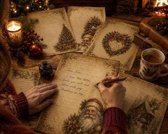 Juego de 5 hojas imprimibles de papelería navideña vintage, papel de escritura navideño rayado, Papá Noel, muñeco de nieve, árbol de Navidad, descarga PNG.