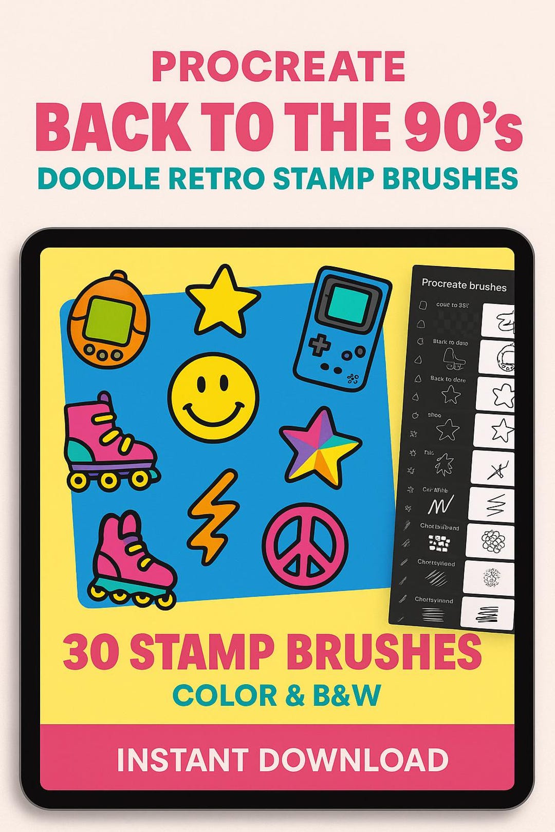 90s Retro Doodle Stamp Brushes for Procreate | Color & B/W (digital ...