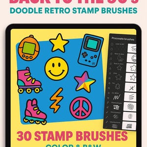 Back to the 90s Procreate Stamp Brushes | 30 Retro Doodle Stamp Brushes for iPad | 90s Aesthetic Color + B&W Brushset