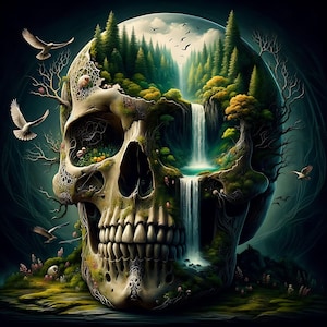 May include: A human skull with a lush green forest and waterfall growing inside. The skull is surrounded by a dark background with a few birds flying around.