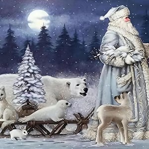 Old Man Christmas and Forest Animals AI Enhanced Digital Art Print Download – Vintage Holiday Santa Claus Illustration, Woodland Creatures