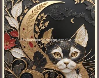 Kitten & Gold Crescent Moon Art Print, Whimsigoth Wall Decor (Digital Download)