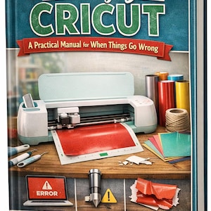 Może przedstawiać: Książka zatytułowana "Surviving Your Cricut" z turkusową okładką. Obraz przedstawia maszynę Cricut z czerwonym materiałem, narzędziami i rolkami winylu. Okładka książki zawiera tekst "A Practical Manual for When Things Go Wrong."