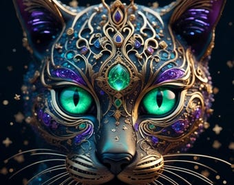 Gold Patterned Cat Art Print – Whimsigoth Cottagecore Decor (Digital Download)