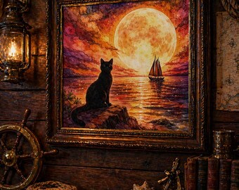 Black Cat Moonlit Ocean Art Print: Gothic Sailboat Seascape (Digital Download)
