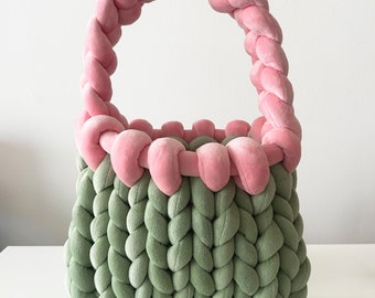 Soft Velvet Shoulder Bag with Chunky Yarn