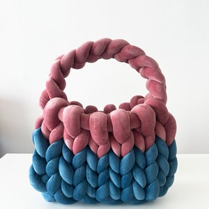 Soft Velvet Shoulder Bag with Chunky Yarn Pink + Blue