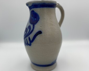 Vintage German Salt Glazed Cobalt Blue Stoneware Pitcher | Farmhouse or Rustic Decor