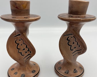 Pair of Kenyan/African Carved Twisted Soapstone Candlesticks in a Burgundy Shade | African Folk Art