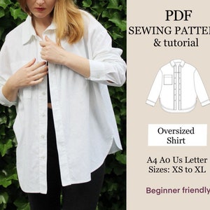 May include: A white oversized shirt sewing pattern with a line drawing of the shirt and the text "PDF SEWING PATTERN & tutorial", "Oversized Shirt", "A4 Ao Us Letter Sizes: XS to XL", and "Beginner friendly".