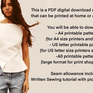 May include: A white sleeveless top with a halter neckline and a side slit. The top is shown on a model standing on a beach. The text on the image reads: "This is a PDF digital download sewing pattern that can be printed at home or at a print shop. You will be able to download: - A4 printable pattern (for A4 size printers and paper) - US letter printable pattern (for US letter size printers and paper) -A0 printable pattern (large format for print shop printing) Seam allowance included Written Sewing tutorial with pictures Included"