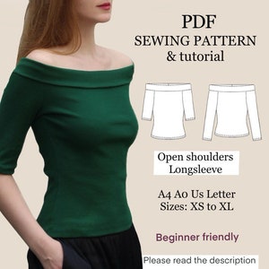 Off shoulder top  PDF sewing pattern , easy digital pattern , womens top pattern , instant download , XS - XL , Open Shoulder Blouse