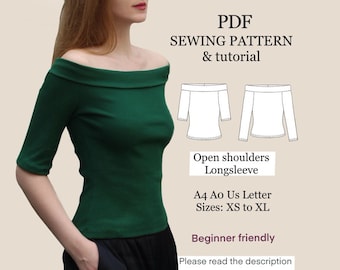 Off shoulder top  PDF sewing pattern , easy digital pattern , womens top pattern , instant download , XS - XL , Open Shoulder Blouse