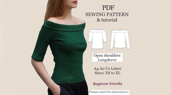 Off shoulder top  PDF sewing pattern , easy digital pattern , womens top pattern , instant download , XS - XL , Open Shoulder Blouse