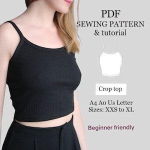 Easy cami crop top PDF sewing pattern , XXS_XL , women summer top , Crop Top Knit Strap Top Nightwear easy digital PDF pattern