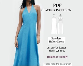 Backless Halter Dress Sewing Pattern | Summer Linen Midi (PDF)