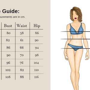 May include: Size chart for clothing with measurements in centimetres for bust, waist, and hip. Sizes include XXS, XS, S, M, L, XL, and XXL.