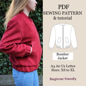 Bomber jacket beginner friendly women pdf sewing pattern | XS-XL |easy digital pdf | instant download | outerwear pattern | front zip jacket