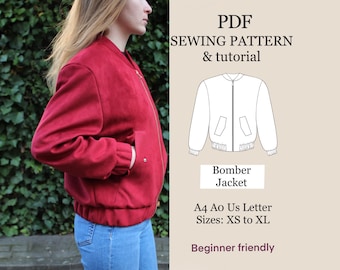 Bomber jacket beginner friendly women pdf sewing pattern | XS-XL |easy digital pdf | instant download | outerwear pattern | front zip jacket