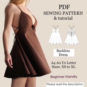 Op de afbeelding: Een PDF-naai-patroon en tutorial voor een rugloze jurk. Het patroon is verkrijgbaar in maten XS tot XL en is geschikt voor beginners. De afbeelding toont een bruine jurk met een diepe V-hals en een gesnorte rug.