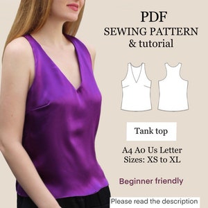 May include: PDF sewing pattern and tutorial for a tank top. The pattern includes sizes XS to XL and is beginner friendly. The image shows a woman wearing a purple tank top and a line drawing of the tank top.