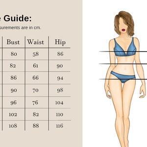 May include: Size chart for clothing with measurements in centimetres. The chart shows sizes from XXS to XXL with corresponding bust, waist, and hip measurements.