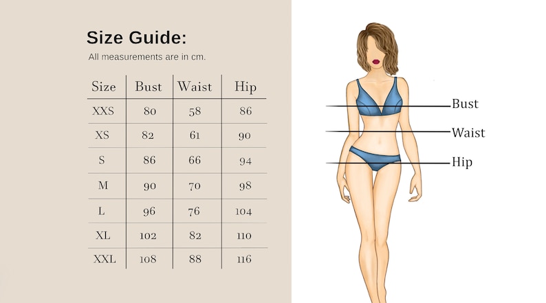 May include: Size chart for clothing with measurements in centimetres. The chart shows sizes from XXS to XXL with corresponding bust, waist, and hip measurements.