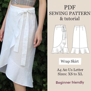 ruffled hem midi wrap tie front skirt women PDF sewing pattern with tutorial | easy wrap skirt digital pattern | XS-XL | instant download
