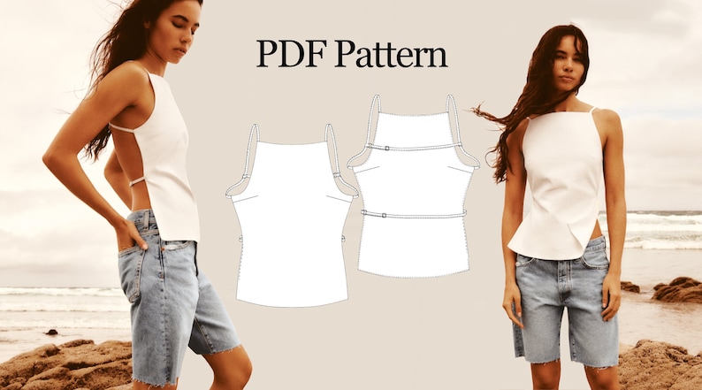 May include: A white sleeveless top with a square neckline and a cutout back. The top has two straps that cross at the front and tie at the back. The top is shown on a model wearing denim shorts. The image also includes a line drawing of the top's pattern.