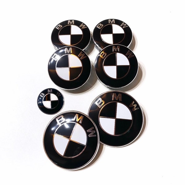 Pack 7 BMW Logos Schwarz Weiß Motorhaube Kofferraum Radnaben Lenkrad Emblem Abzeichen Logo Schwarz Weiß 82mm 74mm 56 Serie 1 2 3 4 5 6 X1 X3 X5