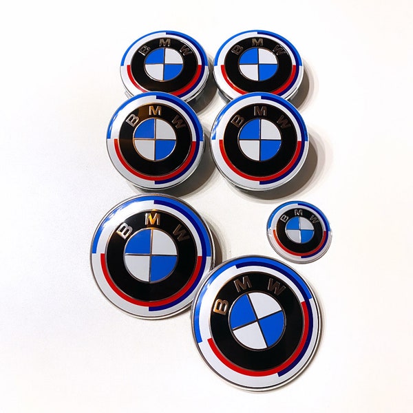 Pack 7 Logotipos Bmw 50 Aniversario Capó Maletero Bujes de rueda Emblema Azul Rojo 50 50 50 años Insignia 50 Serie 1 2 3 4 5 6 X..