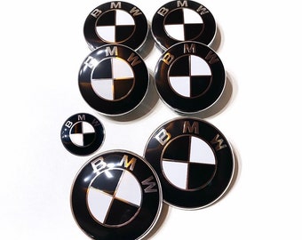 Pack 7 Bmw logos Black White Hood Trunk Wheel Centers Hubs Steering Wheel Emblem Badge Logo Black White 82mm 74mm Serie 1 2 3 4 5 6 X1 X3 X5