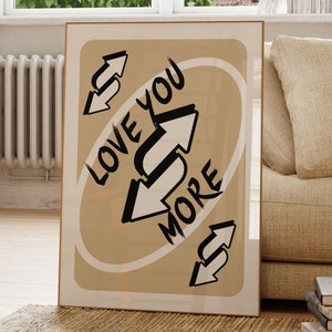 Arte mural de naipes de moda, impresión "Te amo más", póster de pared imprimible retro beige, decoración de habitación elegante y bonita para apartamento, regalo de San Valentín