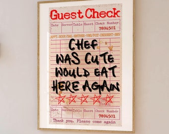 El chef era lindo, volvería a comer aquí, arte de pared con cheque para invitados, cheque para invitados retro, impresión divertida de cocina, póster de chef cocinando, arte de pared con humor de cocina