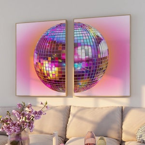 Pink Disco Ball Dopamin-Dekor, 2er-Set Print, Spiegelball Poster, Pink Orange Maximalist Wandkunst, Preppy Pink Wohnheim Dekor Disco Ball Print