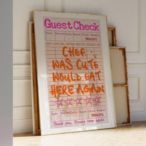 Chef Was Cute Would Eat Here Again, Guest Check Print, Guest Check Wall Art, Retro Guest Check Poster, Cute Apartment, Funny Kitchen Print