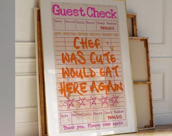 El chef era lindo, volvería a comer aquí, impresión de cheque de invitado, arte de pared de cheque de invitado, póster de cheque de invitado retro, apartamento lindo, impresión de cocina divertida