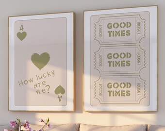Impresión de Qué afortunados somos, póster de As de corazones verde, impresión de boleto retro de buenos tiempos con estética verde salvia, decoración detrás de la cama, juego de dos pósteres