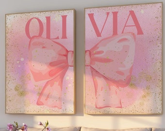 Letrero con nombre de lazo, letrero con nombre personalizado para habitación de niña, decoración de guardería con lazo rosa, juego de 2 carteles con nombre de bebé, regalo para recién nacido