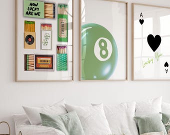 Impresión de caja de cerillas verde, póster vintage de caja de cerillas, impresión de as de corazones, impresión de bola 8, juego de 3 cajas de cerillas, arte mural de 3 piezas, impresión de bola 8