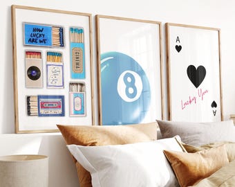 Impresión retro de caja de cerillas azul, póster de as de corazones, impresión de bola de billar, póster "Lucky You", arte de pared de caja de cerillas, arte de carrito de bar, arte de pared de 3 piezas