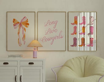 Estampado de botas de moda con estilo occidental para mujer, Larga vida a las vaqueras, Impresión artística con lazos de coqueta rosa estilo occidental preppy, Estética de vaquera, Juego de 3 pósteres