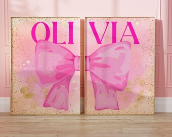 Decoración de lazo con nombre personalizado para guardería, arte de pared con nombre personalizado para habitación de niña, póster de lazo rosa intenso y naranja de moda, arte de lazo coqueto preppy personalizado para niños