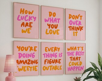 Impresión de "Qué suerte tenemos", paquete de citas motivacionales sobre salud mental, póster tipográfico con citas en rosa y naranja, juego de seis pósteres, regalo de último momento