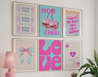 Juego de pósteres de moda en rosa y azul, impresión de boletos retro Good Times, póster de Coquette Ace Of Hearts, What Lucky Are We, cheque de invitado, juego de seis impresiones