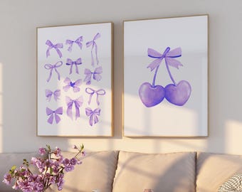 Estampado de lazo de cereza morado, juego de pósteres de cereza coqueta, decoración de habitación preppy de niña de colores suaves, juego de 2 lazos de cereza estéticos morados Y2k