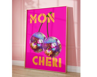 Pink Orange Cherry Disco Ball Print Art, Cherry Kitchen Cute Apartment Decor, Y2k Mirror Ball Cherry Poster, Kitchen Disco