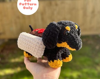 Crochet Hot Dog Dachshund Pattern: Cute amigurumi sausage dog plush stuffed animal with removable costume, in US terminology