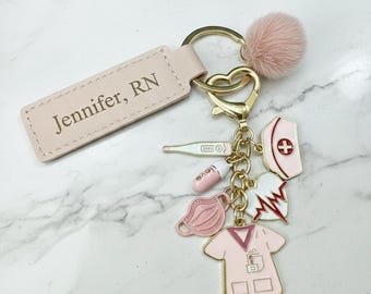 Personalized Nurse Keychain – Engraved Vegan Leather Tag with Medical Charms