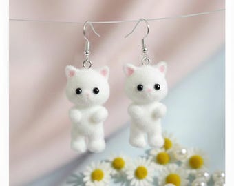 Fluffy White Kitten Handmade Earrings, 3-D, clip-on option available